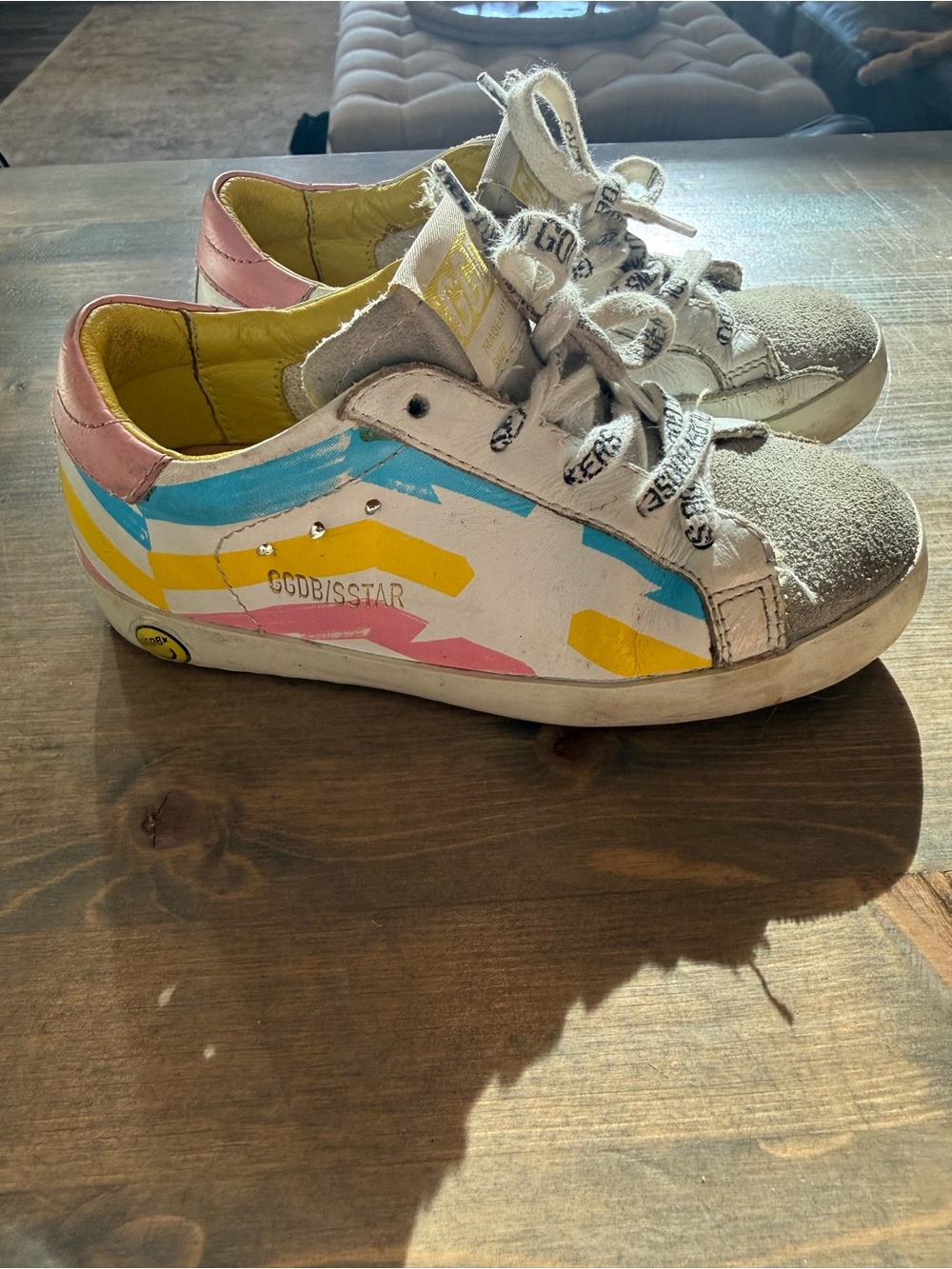 Golden Goose Kids White Sneakers with Blue Star and Pink Heel Accent